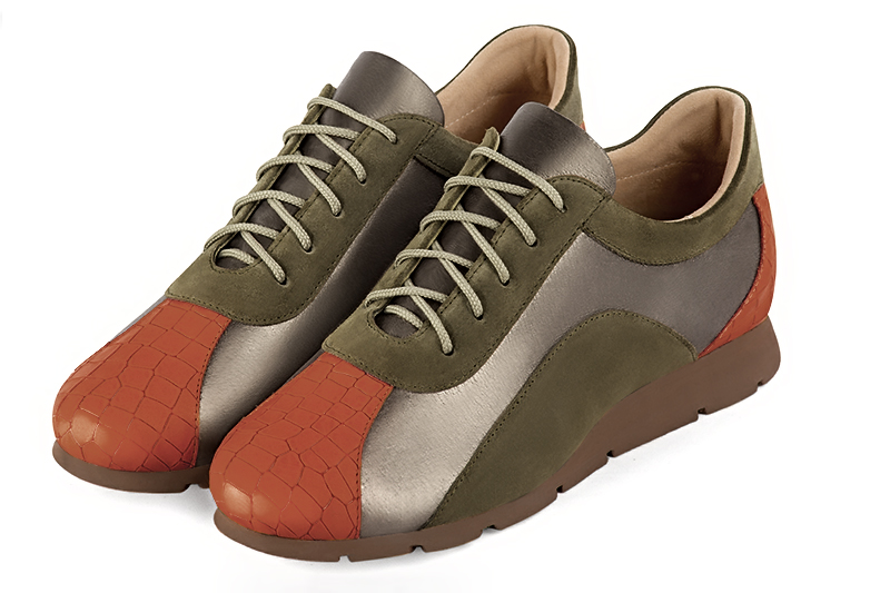 Terracotta orange, taupe brown and khaki green women's three-tone elegant sneakers. Round toe. Flat rubber soles. Front view - Florence KOOIJMAN